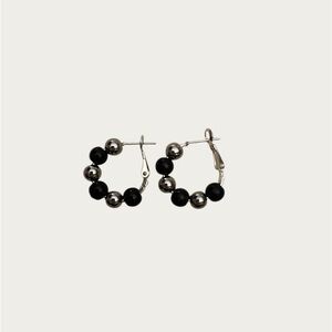 Elegant Black and Silver Beaded Hoop Earrings